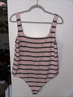 Express Pink Striped Tank Bodysuit with Black & White Accents
